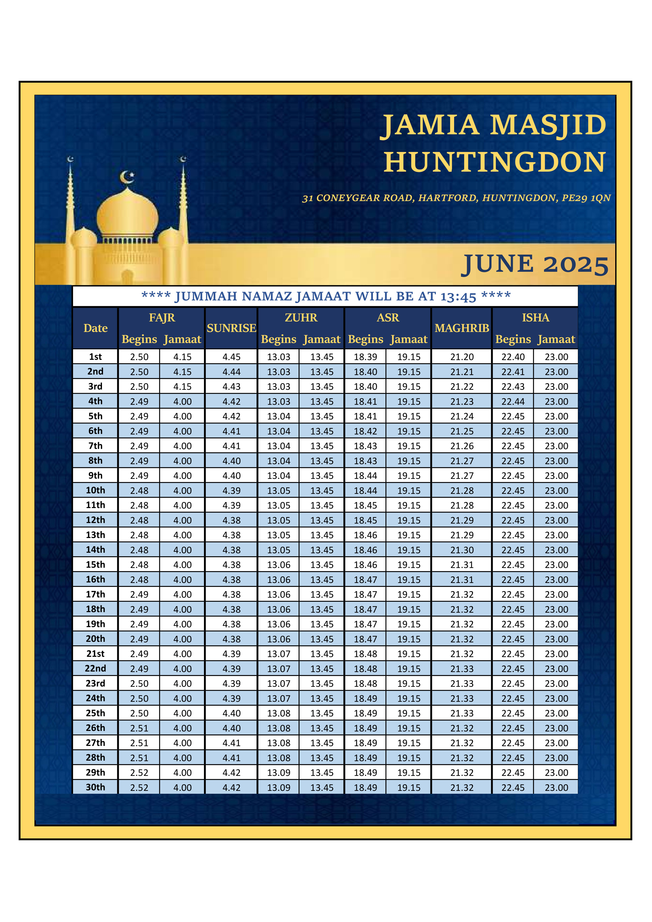 Prayer Timetable